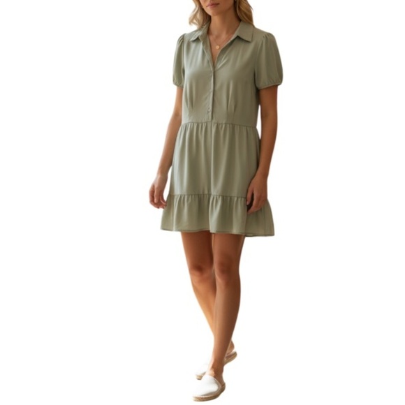 BEBOP NWT Sage Green Ruffle Short Puff Sleeve Dress Button Front Childhood XL - Picture 1 of 11